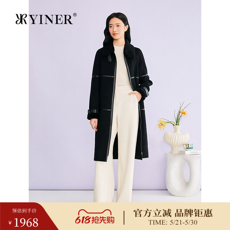 YINER音儿专选冬季新款皮革拼接中长款羊卷毛翻领毛呢大衣