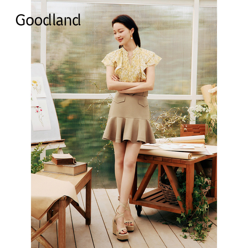 Goodland美地夏季法式A字收腰质感鱼尾半身裙