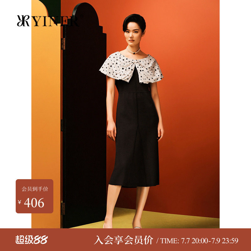 YINER音儿夏季法式优雅桑蚕丝法式优雅波点连衣裙
