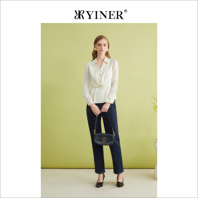 YINER音儿专选春季法式优雅流光沙雪纺X型衬衫珍珠扣上衣