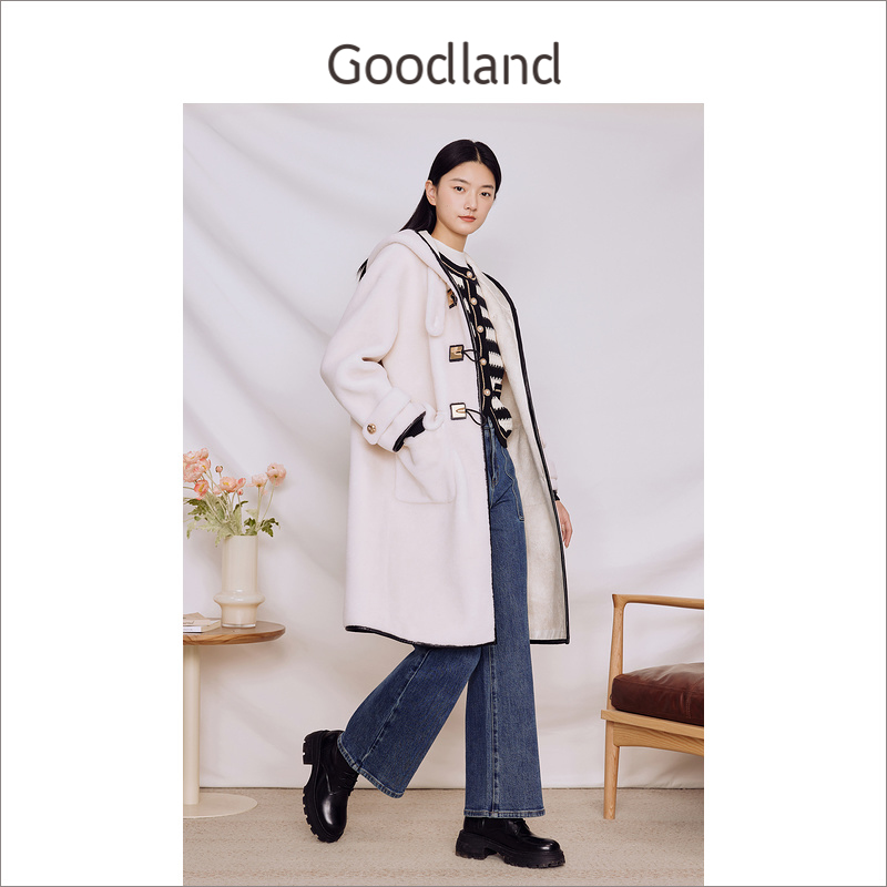 Goodland美地女装冬季优雅中长款撞色连帽环保羊毛皮草大衣外套
