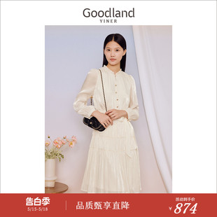 复古木耳花边系带收腰连衣裙 法式 2023秋季 Goodland美地女装