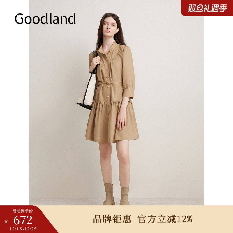Goodland美地女装春季法式卡其色收腰收褶小A字连衣裙