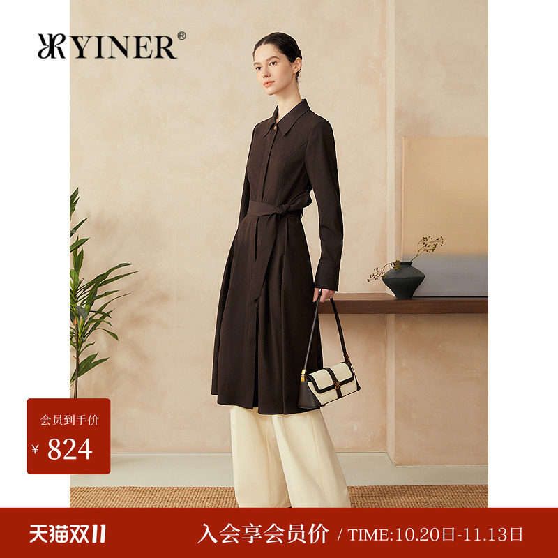 YINER音儿春季新款优雅水光感微褶肌理长款风衣衬衫领外套长袖薄