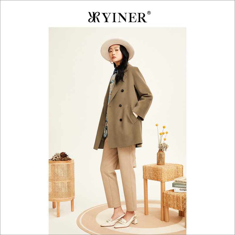 【绵羊毛+羊绒】YINER音儿女装冬季双排扣外套双面毛呢大衣