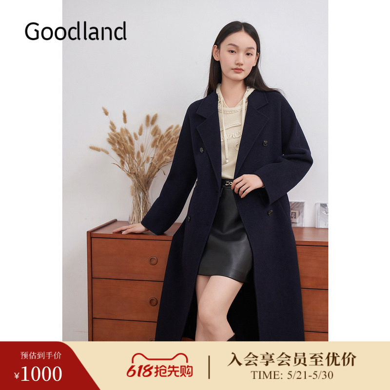 Goodland美地女装冬季时尚羊毛双面毛呢大衣翻驳领外套