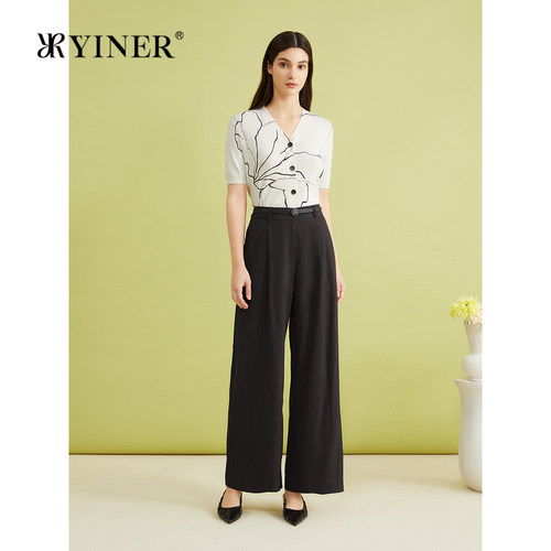 YINER音儿专选夏季时尚上衣艺术鸢尾图案V领针织开衫