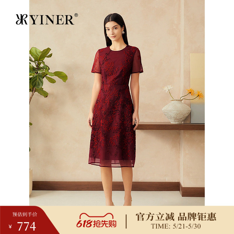 YINER音儿专选夏季新款优雅质感蕾丝绣花复古酒红色连衣裙
