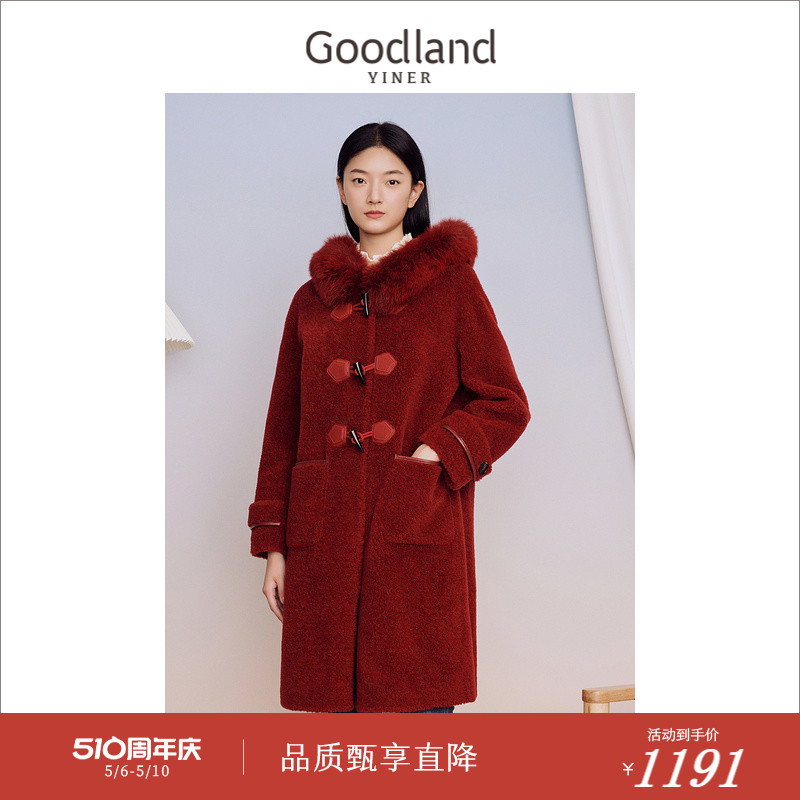 [纯绵羊毛]Goodland美地女装2023冬季狐狸毛领羊剪毛毛呢外套