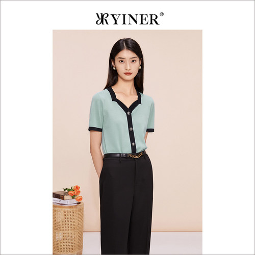 YINER音儿专选女装夏季撞色饰扣方领针织衫上衣