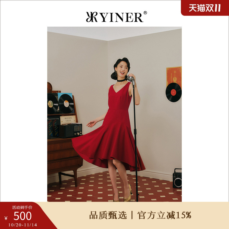 【1996系列】YINER音儿冬季安可拉红绵羊毛安可拉红A字连衣裙