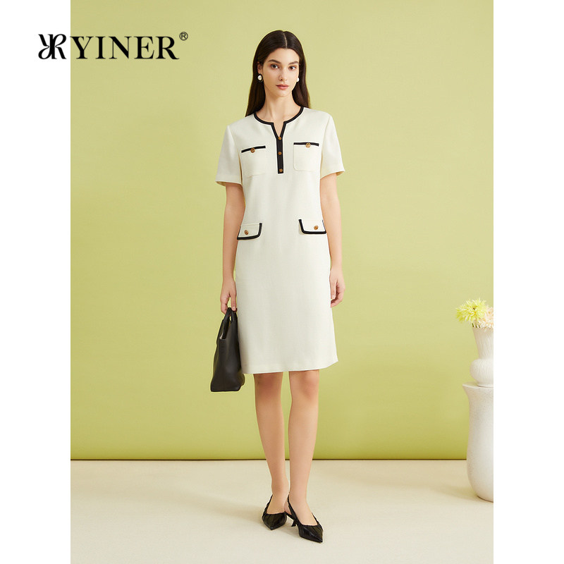 YINER音儿专选女装夏季法式小香风撞色半开领连衣裙