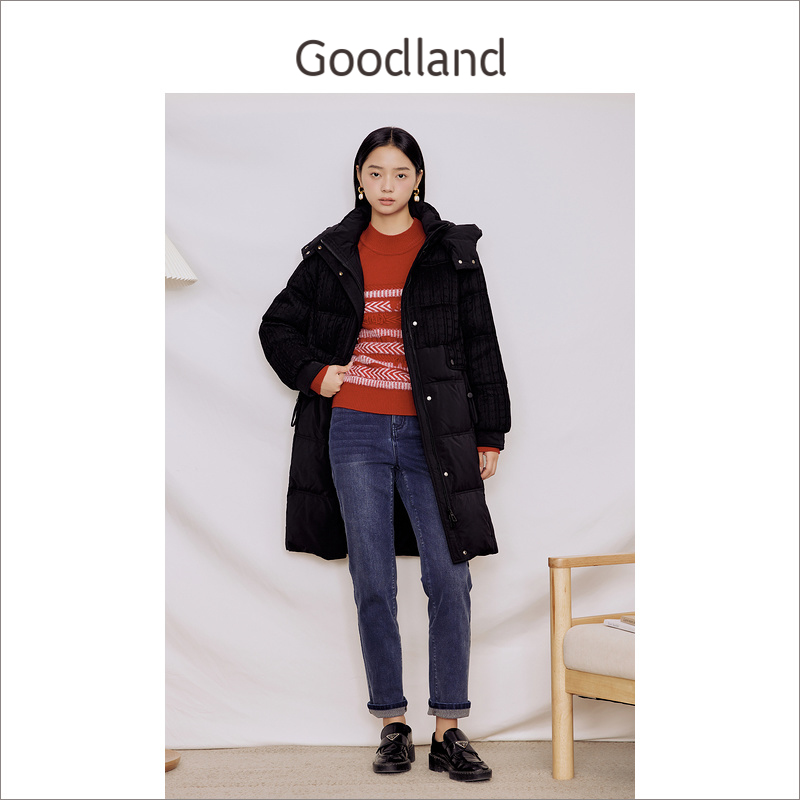 Goodland美地女装冬季简约连帽保暖白鸭绒廓形羽绒服