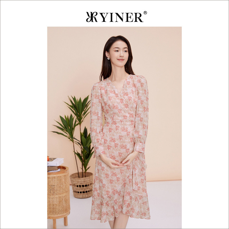 YINER音儿专选女装春季碎花V领茶歇裙公主袖连衣裙
