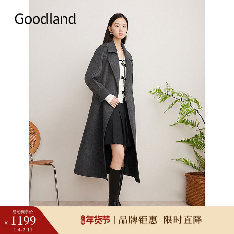 【美丽诺羊毛】Goodland美地女装冬时尚格雷系双面呢大衣外套,女装/女士精品,毛呢外套,淘宝优惠券,粉丝福利购,淘宝优惠卷