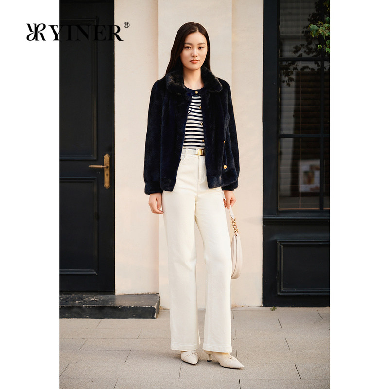 YINER音儿专选2025春季新款法式千金奢感短款翻领水貂毛皮草