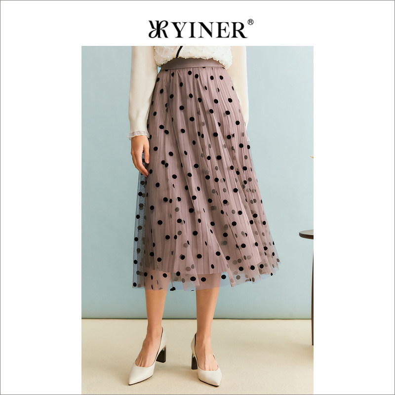 YINER音儿专选女装秋季波点仙女网纱过膝A字半身裙