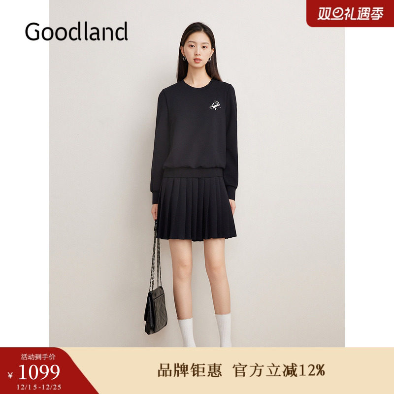 Goodland美地女装女装冬季时尚减龄小黑裙假两件百褶A字连衣