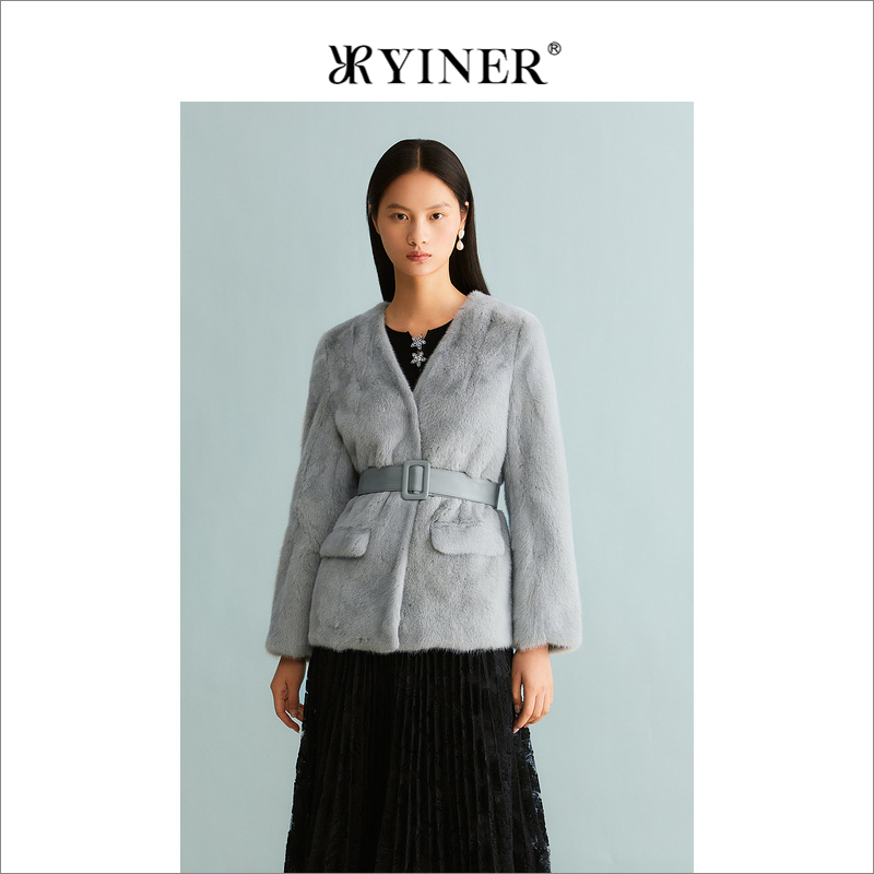 YINER音儿女装冬季法式优雅绒暖水貂毛皮真皮皮草短外套