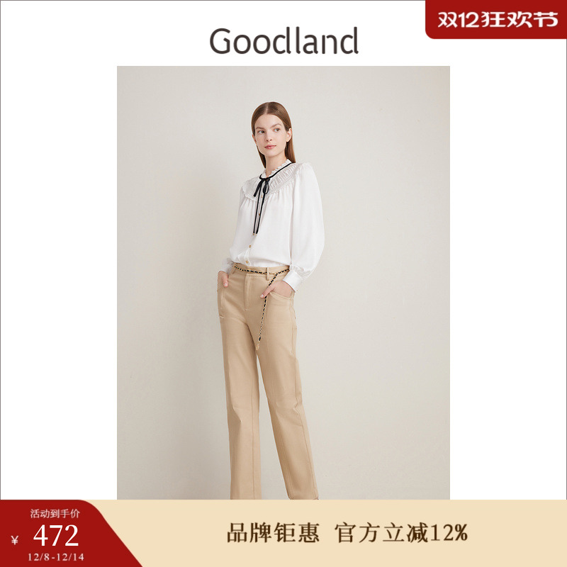 Goodland美地春季南法浪漫缎面衬衫蝴蝶结系带优雅上衣