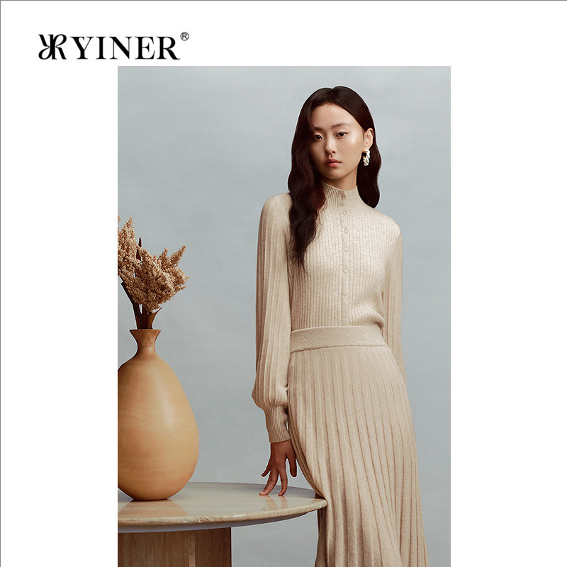 YINER音儿女装冬季法式半高领羊毛羊绒混纺针织衫