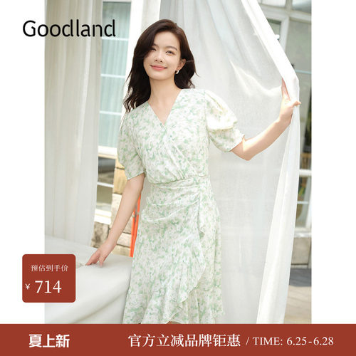 【真丝系列】Goodland美地夏季桑蚕丝收褶连衣裙
