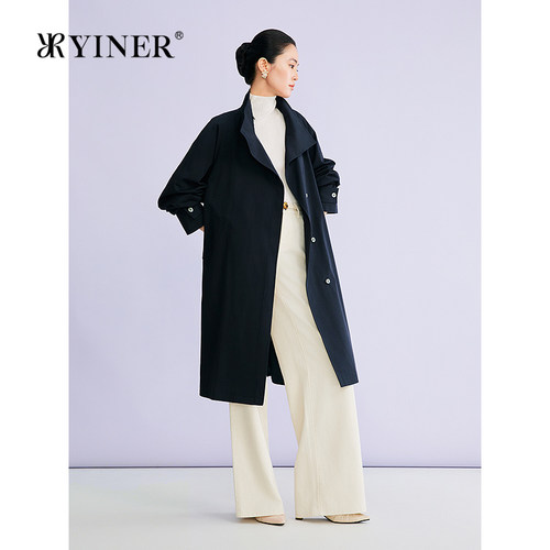 YINER音儿2026春季新款时尚翻立两用领系带收腰中长款风衣外套