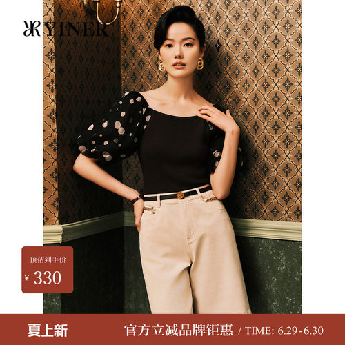 YINER音儿女装夏季波点上衣泡泡袖毛针织衫