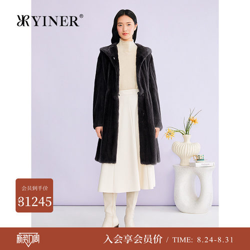 YINER音儿专选2025冬季新款中长款连帽整貂母貂水貂毛皮草外套