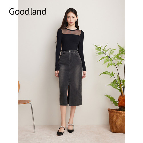 Goodland美地秋季弹力曲珠纱毛针织衫解构镂空上衣长袖