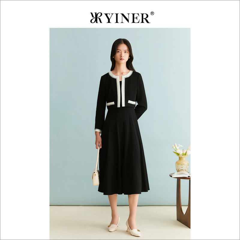 YINER音儿女装冬季撞色羊毛混纺收腰小黑裙连衣裙