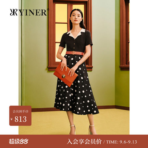 YINER音儿夏季含桑蚕丝法式波点收腰连衣裙