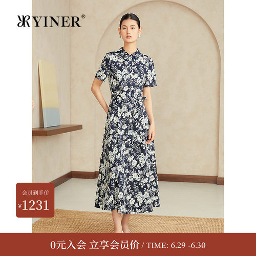 YINER音儿夏季新款法式弹力艺术印花透气收腰衬衫领连衣裙