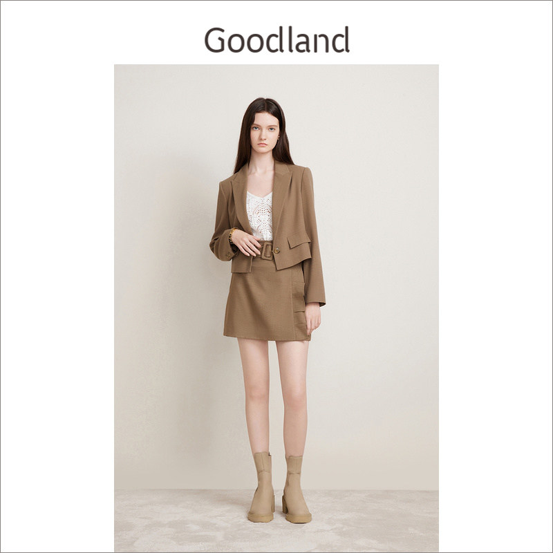 Goodland美地春季女装法式优雅压褶花边包臀西装半身裙