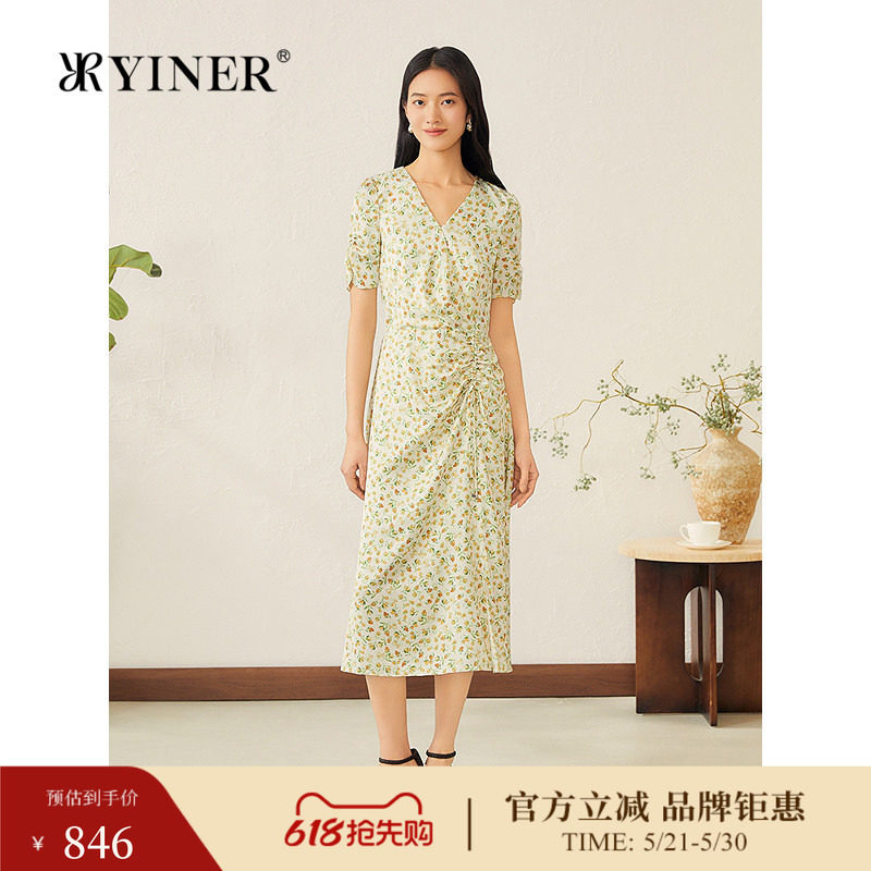 YINER音儿专选夏季新款波西米亚风茶歇裙V领果实印花连衣裙