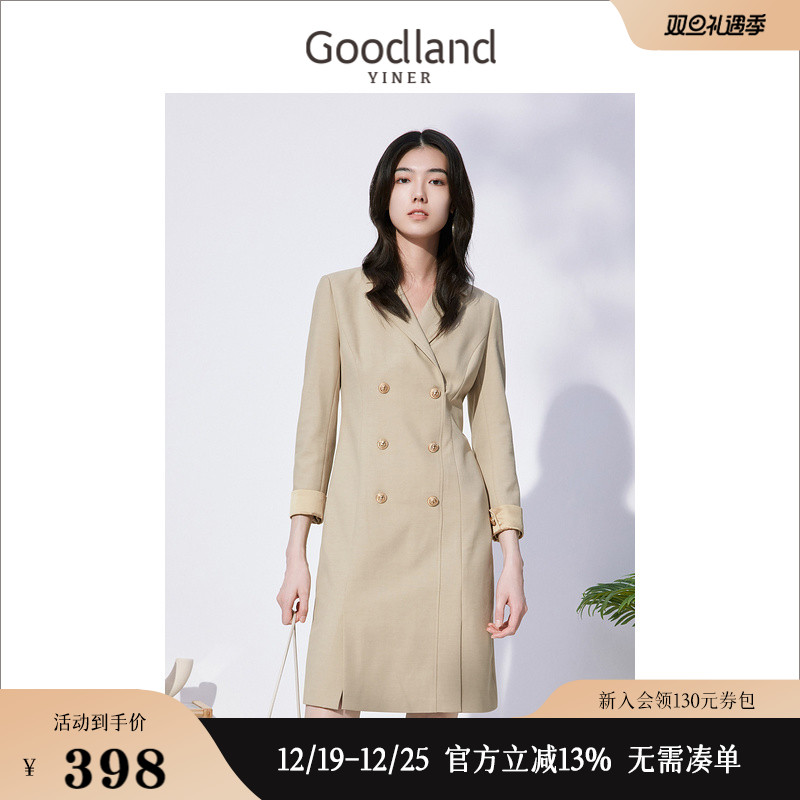 Goodland美地女装冬季时尚显瘦收腰气质西装领连衣裙高级感