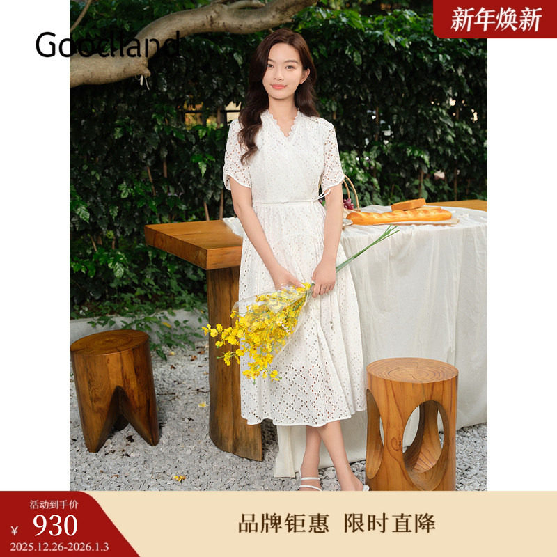 Goodland美地夏季高支棉白月光仙女裙刺绣V领连衣裙