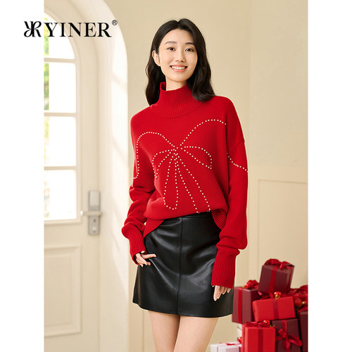 YINER音儿专选2026春季新款钉珠蝴蝶结装饰美丽诺纯羊毛针织衫