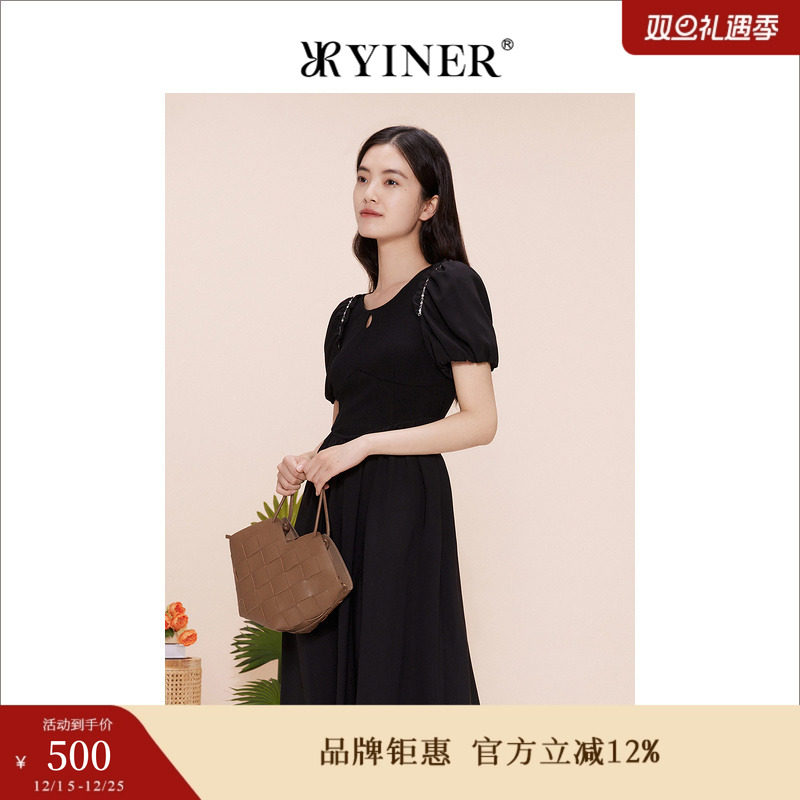 YINER音儿专选女装夏季优雅轻甜收腰钉珠小黑裙公主袖连衣裙
