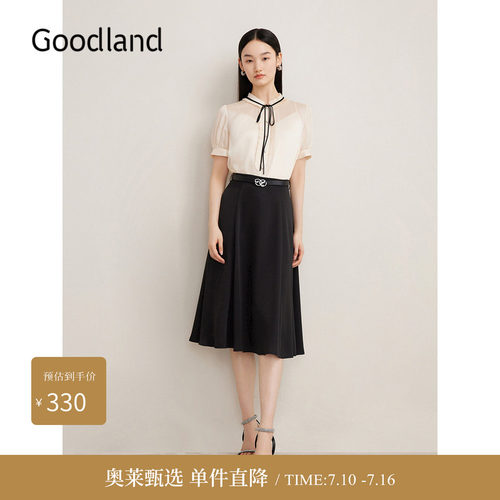 Goodland美地夏季法式优雅荷叶花边衬衫肌理绉感泡泡袖上衣