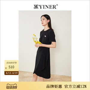 YINER音儿专选女装夏季简约法风褶皱短袖不对称修身连衣裙