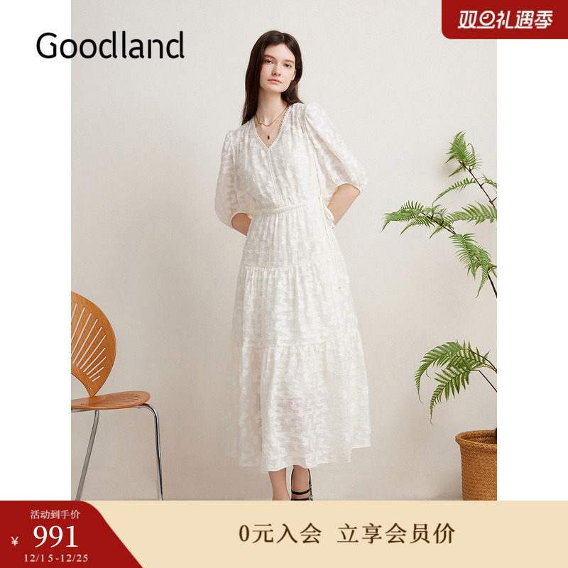 【博主同款】Goodland美地春季剪影提花白月光仙女连衣裙