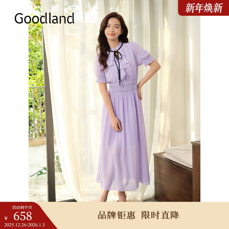 Goodland美地夏季法式风情褶仙女裙荷叶边连衣裙