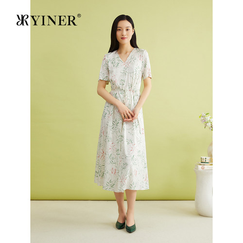 YINER音儿女装夏季法式优雅兰花印花V领收腰桑蚕丝连衣裙