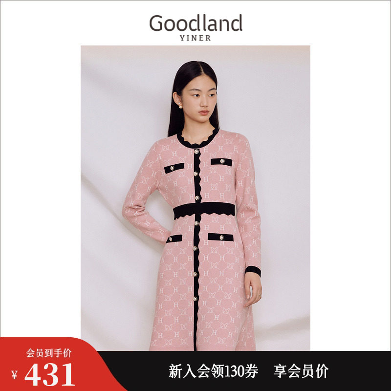 Goodland美地女装冬季时尚小香风猫咪图案撞色亮丝针织连衣裙
