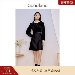 冬季 Goodland美地女装 金丝绒钉珠蕾丝连衣裙 醋酸系列