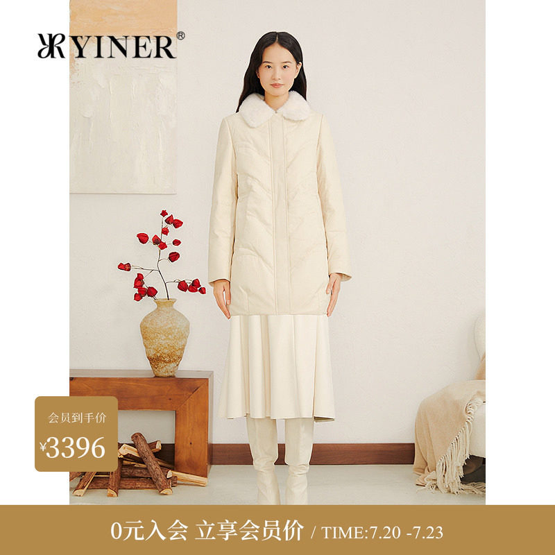 YINER音儿专选冬季新款法式中长款奢感水貂毛翻领真皮羽绒服