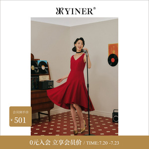YINER音儿冬季安可拉红绵羊毛安可拉红A字连衣裙