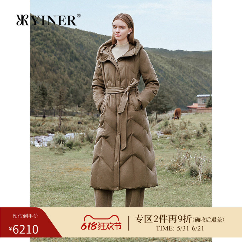 YINER音儿冬季新款法式优雅羊毛蚕丝混纺水貂毛领长款羽绒服