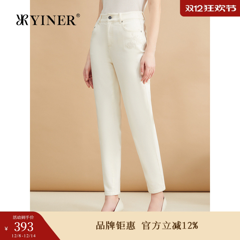 YINER音儿秋季长绒棉长裤赛络纺工艺奶油白绣花牛仔裤